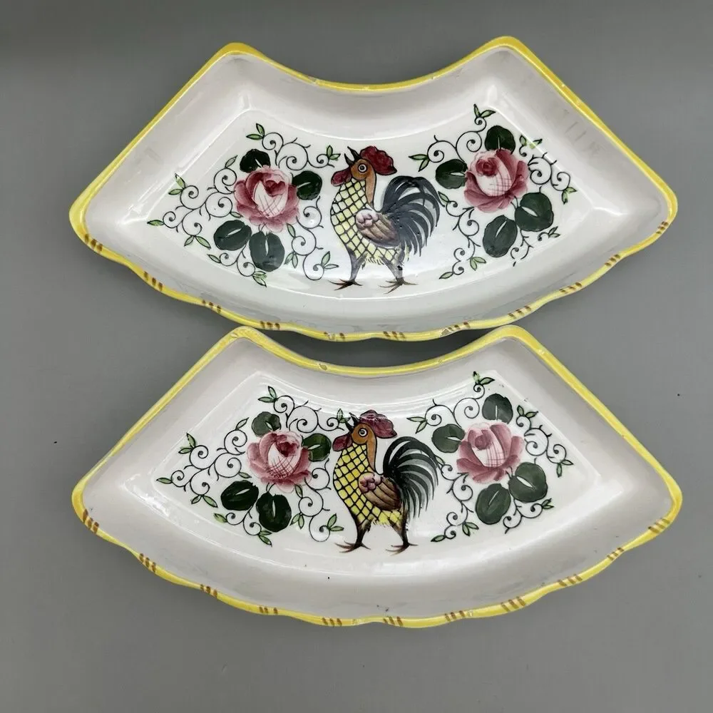 Early Provincial Rooster Lazy Susan Replacement Dishes Hand Painted Japan Set 2